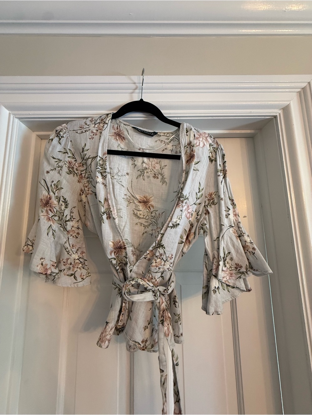 Linen Wrap Tie-Front Blouse in Pale Blue with Floral Design